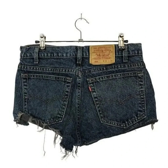 Levi's 505 Dark Wash High Rise Cut Off Jean Shorts 32 - Picture 2 of 3